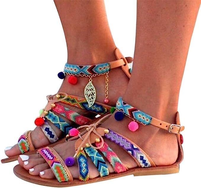 Aunimeifly Women's Bohemian Wind Sandals Gladiator Leather Flats Shoes Pom-Pom Sandals | Amazon (US)