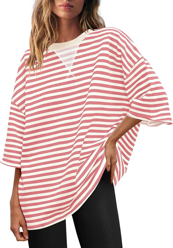 Panadila Womens Striped Short Sleeve Tunic Tops Oversized Crewneck T Shirt Casual Loose Fit Color... | Amazon (US)