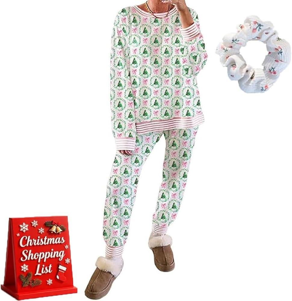 Christmas Trees and Bows Pajama Set, Women Casual Cute Christmas Pajamas Party Loungewear, Long-S... | Amazon (US)