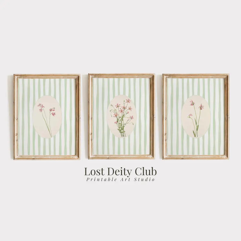 Pink Floral Art Print Set of 3 Light-green Stripe Cottagecore Botanical Prints, PRINTABLE Girls R... | Etsy (US)