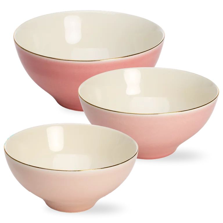 Paris Hilton 3-Piece Ceramic Bowl Set, Nesting Mixing Bowls, Dishwasher Safe, Pink and Gold - Wal... | Walmart (US)