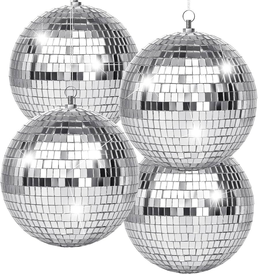 4 Pack Large Disco Ball Silver Hanging Disco Balls Reflective Mirror Ball Ornament for Party Holiday Wedding Dance and Music Festivals Decor Club Stage Props DJ Decoration (6 Inch) | Amazon (US)