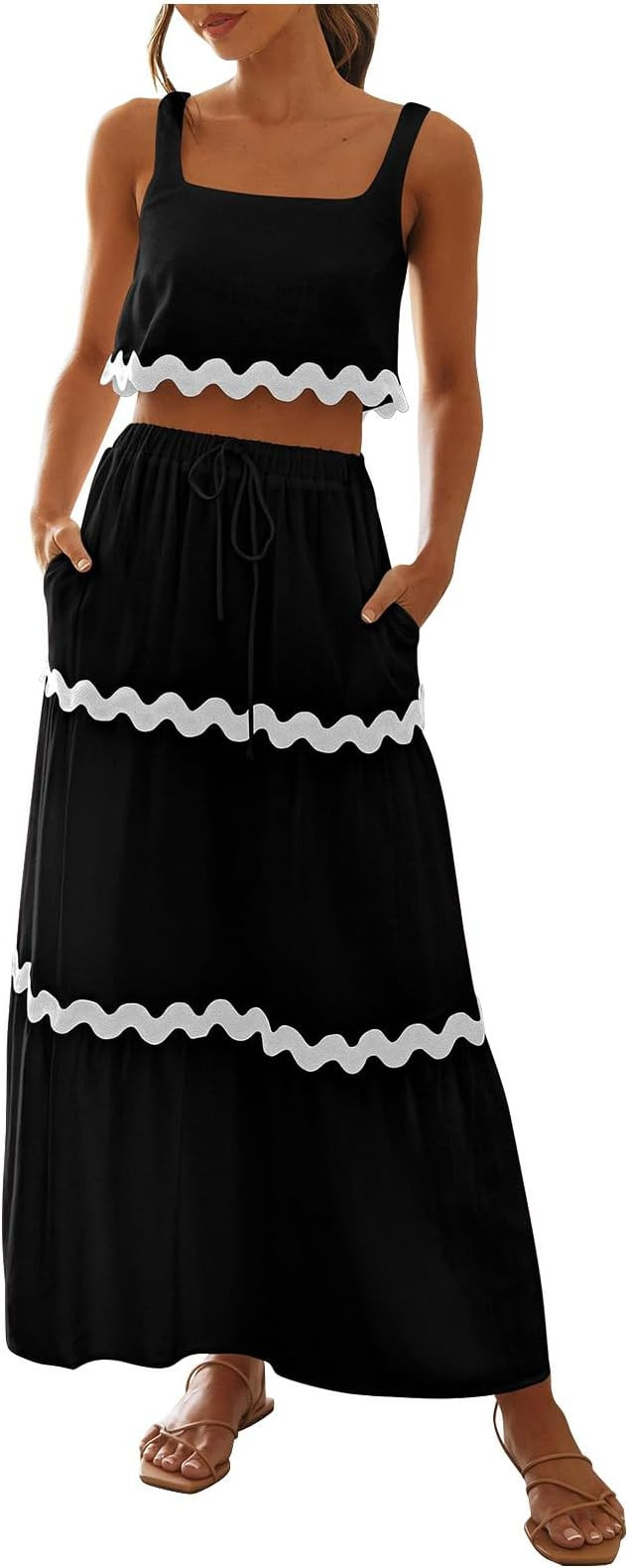Women's Summer 2 Piece Outfit Sleeveless Rickrack Trim Crop Tank Top Pleated Elastic High Waist M... | Amazon (US)