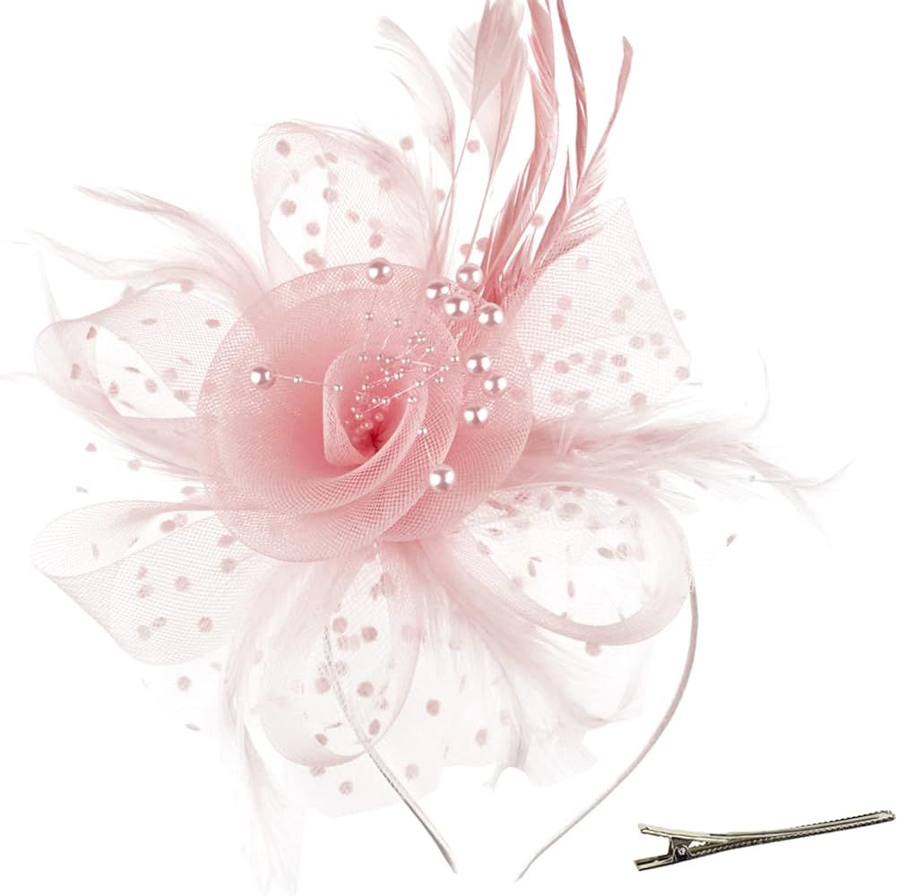 DRESHOW Fascinators Hat Flower Mesh Ribbons Feathers on a Headband and a Forked Clip Cocktail Tea... | Amazon (UK)