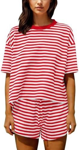 Ythomm Striped Pajamas Shorts Sets Women 2 Piece Lounge Outfits Short Sleeve Tees Drawstring Shor... | Amazon (US)
