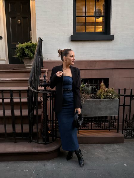 Styled this dress for a little night out! I’m wearing a size XS in the dress & a S in the blazer. My boots run TTS. // reformation, denim dress, date night outfit