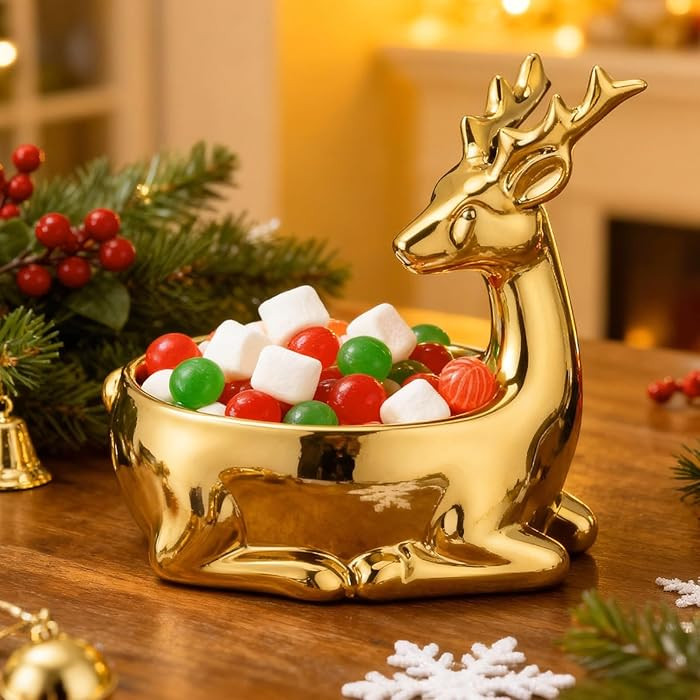 Christmas Candy Bowl Golden Reindeer Ceramic Candy Dish Reindeer Cookie Sugar Storage Jar Christm... | Amazon (US)