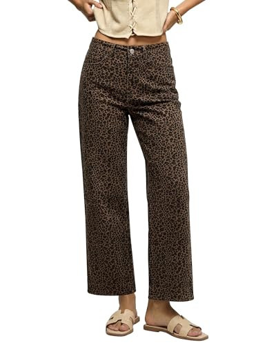 luvamia Wide Leg Jeans Woman Trendy High Waisted Leopard Cheetah Print Women's Ankle Pants Stretchy Wide Leg Jeans Women Plus Size Womens Work Cowgirl Mini Brown Leopard Size XX-Large 20 to 22 | Amazon (US)