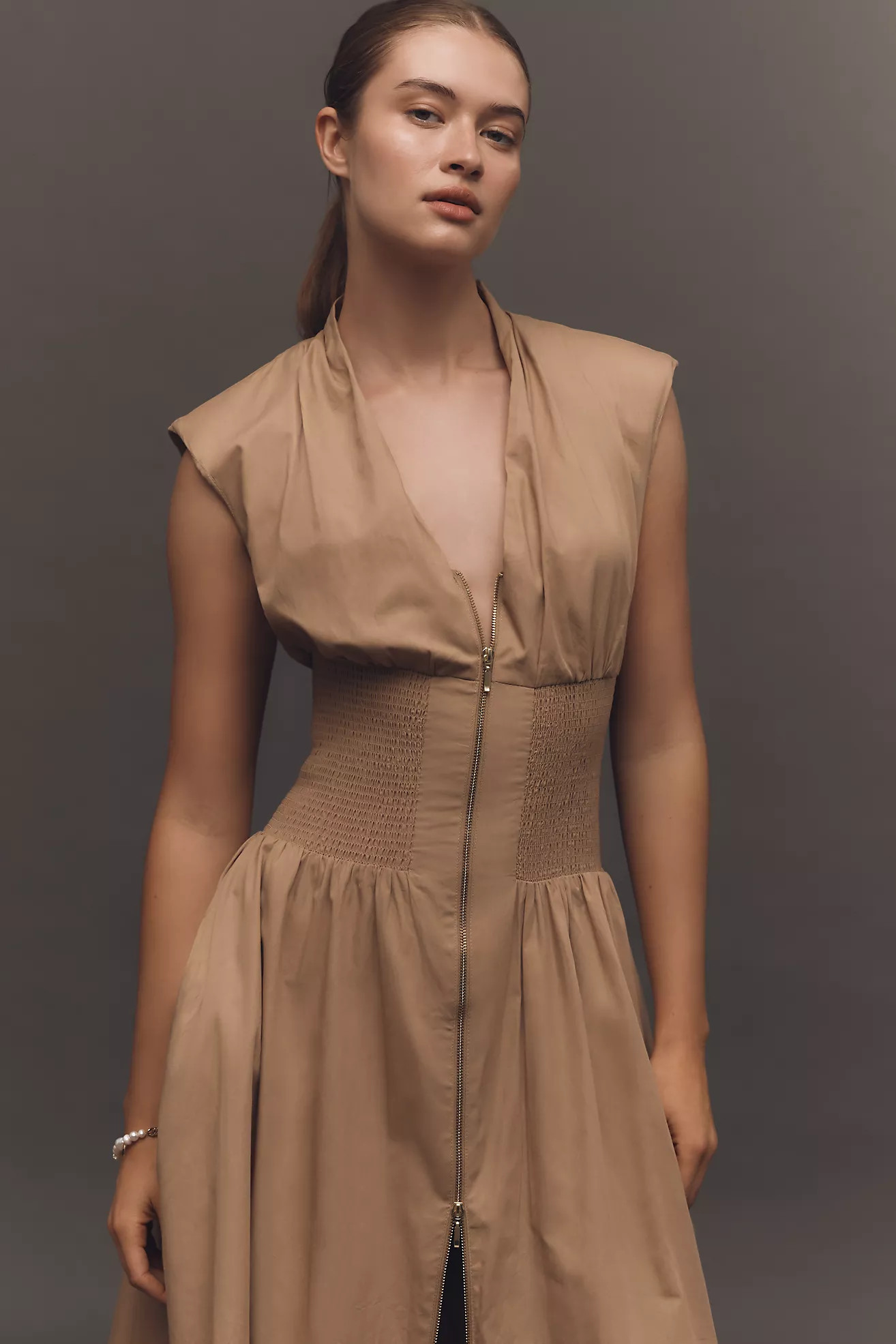 The Tommie Cap-Sleeve Smocked Front-Zip Shirt Dress | Anthropologie (US)