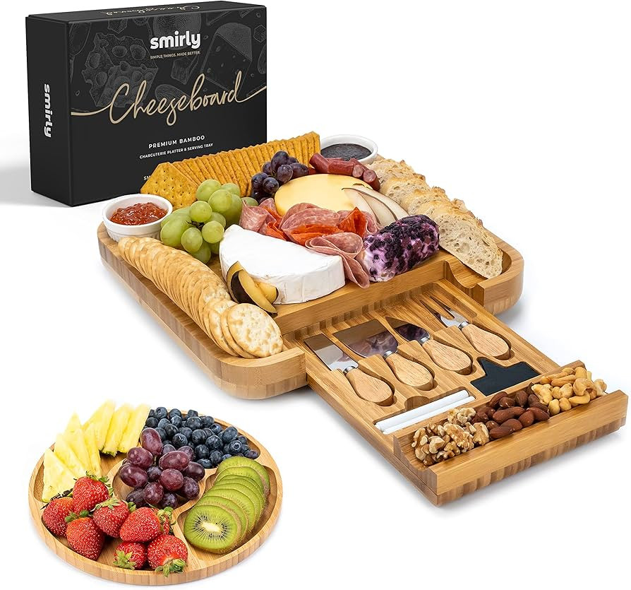 SMIRLY Bamboo Cheese Board and Knife Set: Large Charcuterie Boards Set & Cheese Platter - Unique ... | Amazon (US)