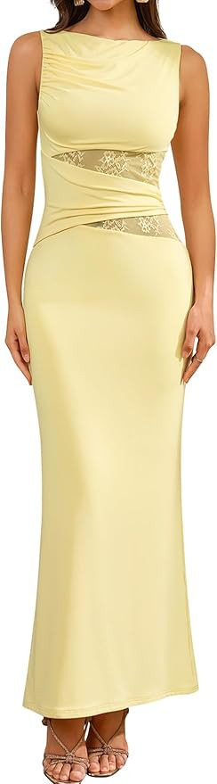EYNMIN Lace Long Formal Wedding Guest Dress Cut Out Boat Neck Sleeveless Ruched Bodycon Maxi Dres... | Amazon (US)