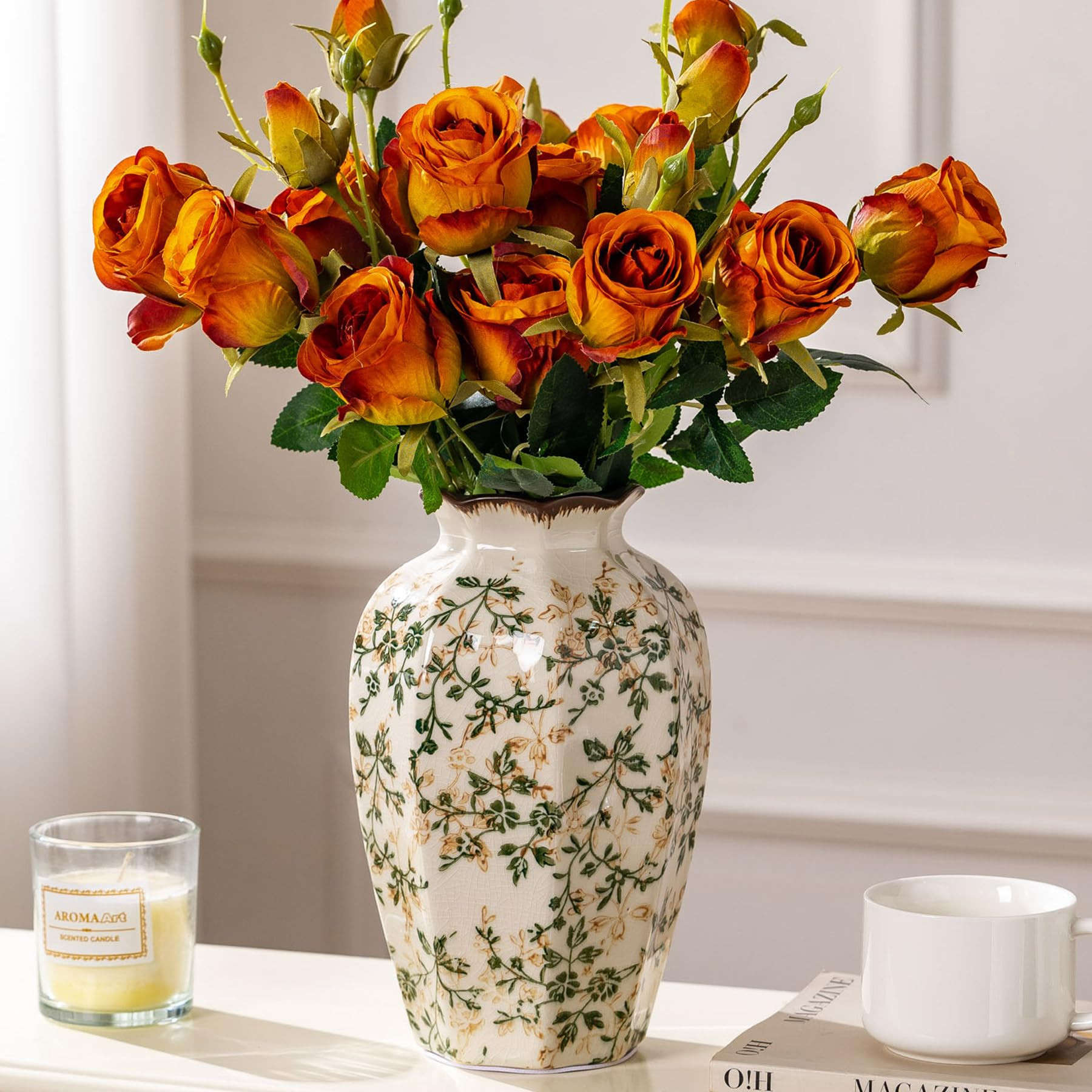 Vintage Pastoral Octagonal Vase, Green and Beige Retro Ceramic Flower Vase, Rustic Farmhouse Vases Chinoiserie Floral Large Vase for Home Decor, Living Room, Kitchen, Bedroom and Shelf 9.1 Inch | Amazon (US)