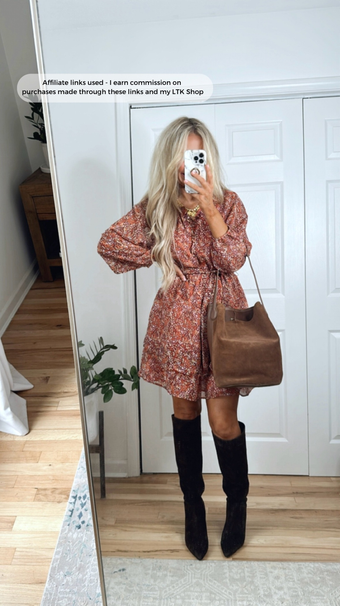 Fall outfit with brown knee high boots 