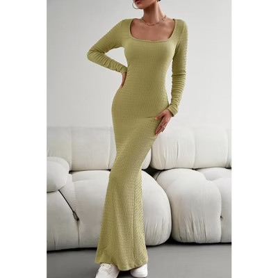 Ribbed Knit Long Sweater Dress for Women Curvy Bodycon Slim Fit Fall Maxi Dress Sexy Long Sleeve Square Neck Grass green Large | Target