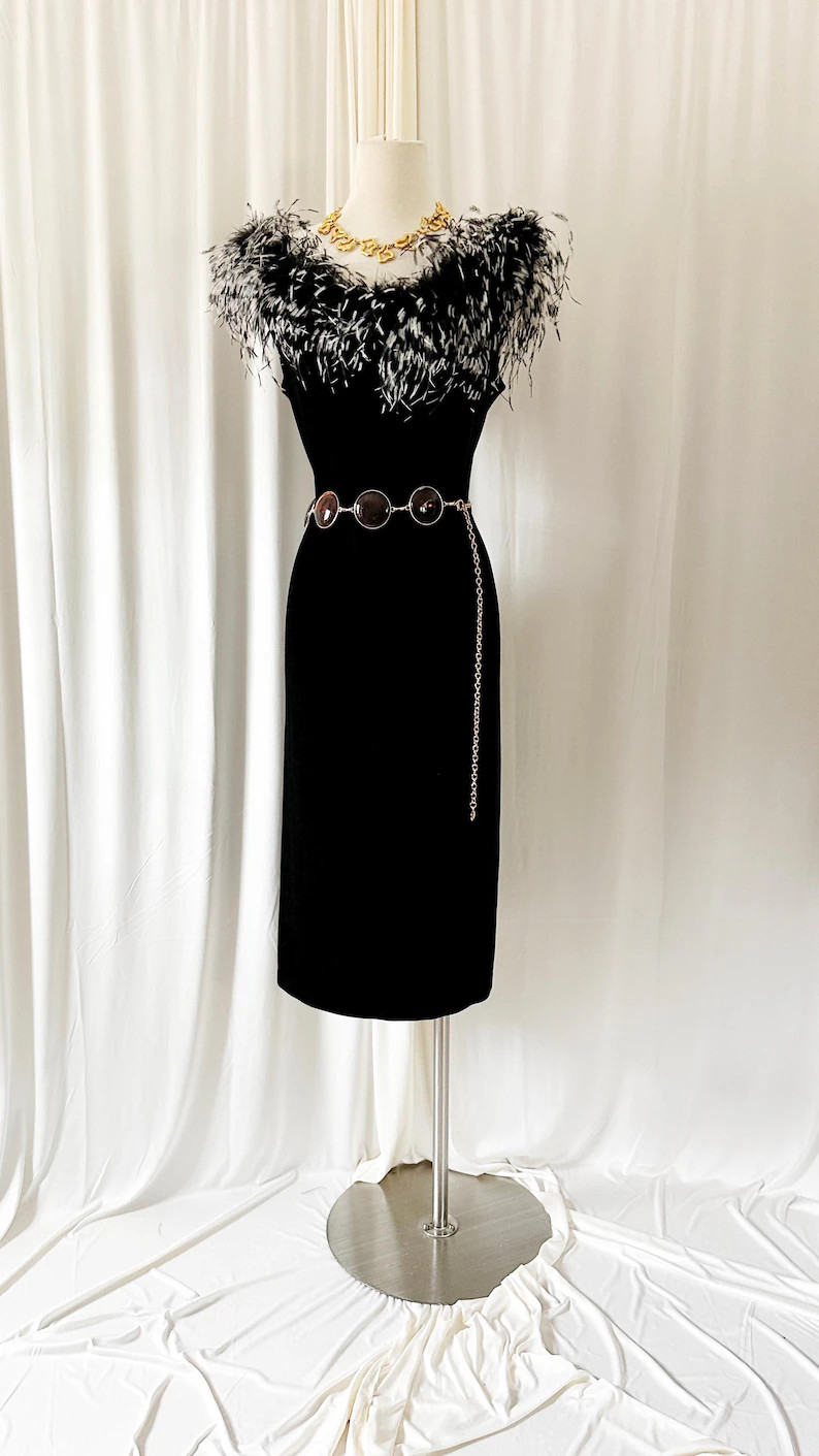 1990s Feather-Accented Black Velvet Dress | Size 12 | Etsy (Global)