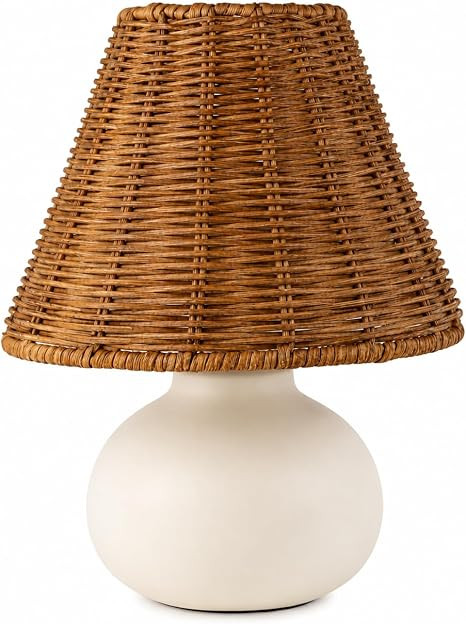 11" Small Table Lamp – Handmade Ceramic Cream Base with Wicker Rattan Shade, Dimmable Plug-in N... | Amazon (US)