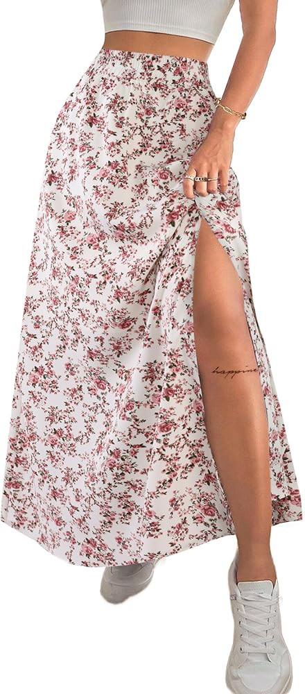 Avanova Women Boho Floral Slit Maxi Skirt Split Thigh High Waisted Long Sexy Skirt | Amazon (US)