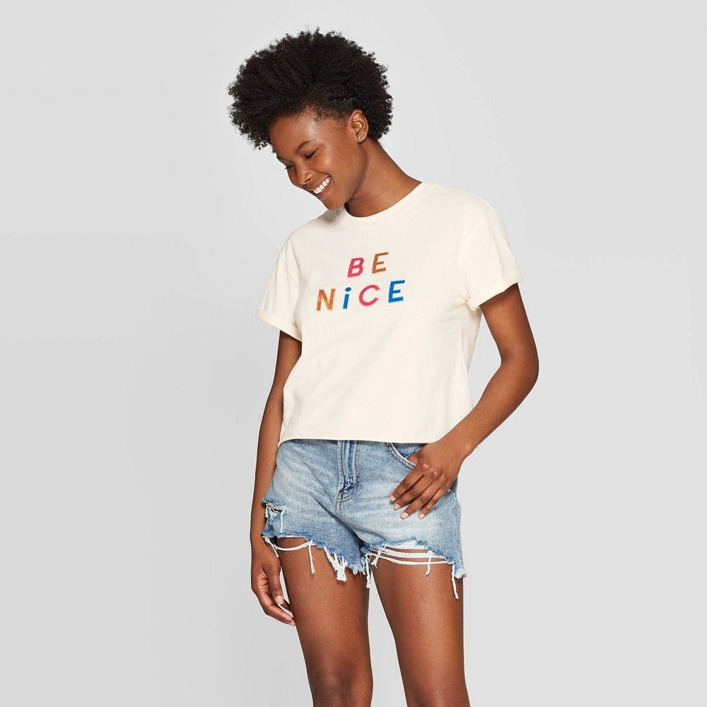 Women's Short Sleeve Be Nice Cropped Graphic T-Shirt - Mighty Fine (Juniors') - Cream XL, Size: XL,  | Target