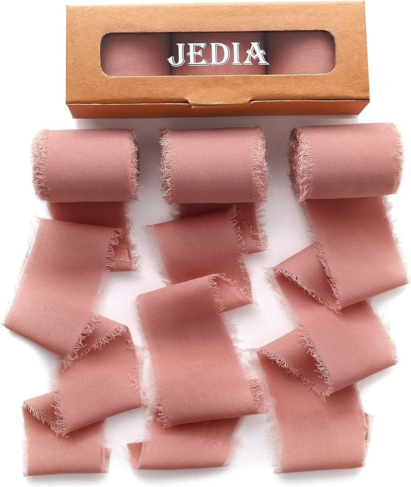 JEDIA Chiffon Ribbon, 3 Rolls Dusty Rose Handmade Fringe Chiffon Silk Ribbons, 1.5" x 7Yd Wedding... | Amazon (US)