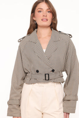 Izzi Crop Trench Jacket - Black/Brown Plaid | Petal & Pup (US)
