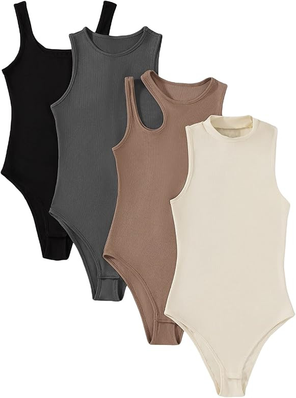 MakeMeChic Women's 4pcs Casual Solid Sleevelss Ribbed Knit Bodysuit Pack | Amazon (US)