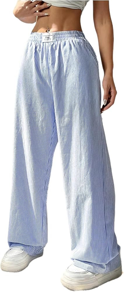 WDIRARA Women's Striped Print Straight Leg Pants Elastic Waist Casual Trousers with Pockets | Amazon (US)
