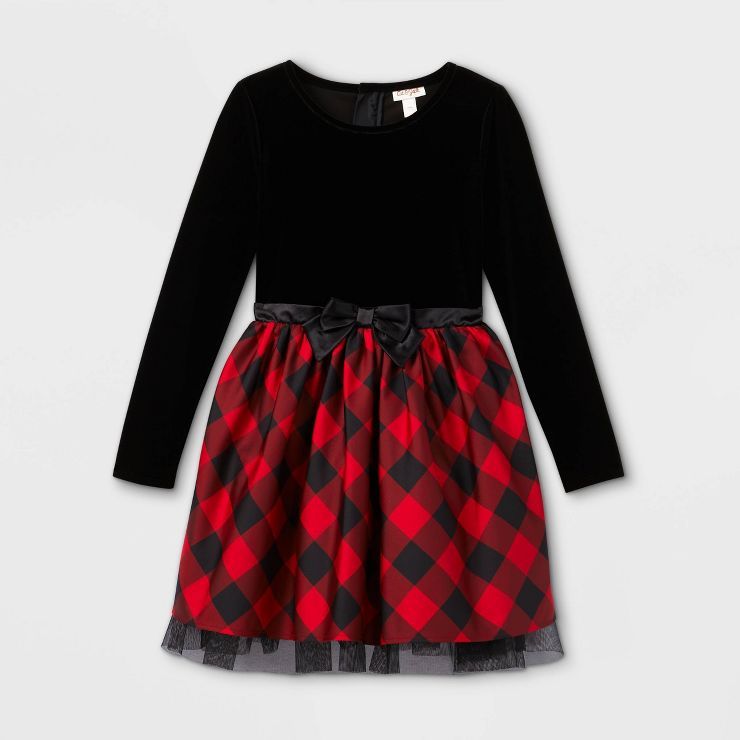 Girls' Velour Buffalo Check Long Sleeve Dress - Cat & Jack™ | Target
