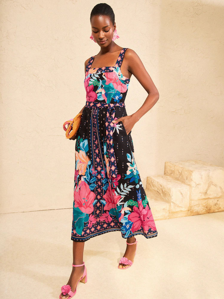 Love & Roses Black Floral Print Cotton Midi Sun Dress | Next US