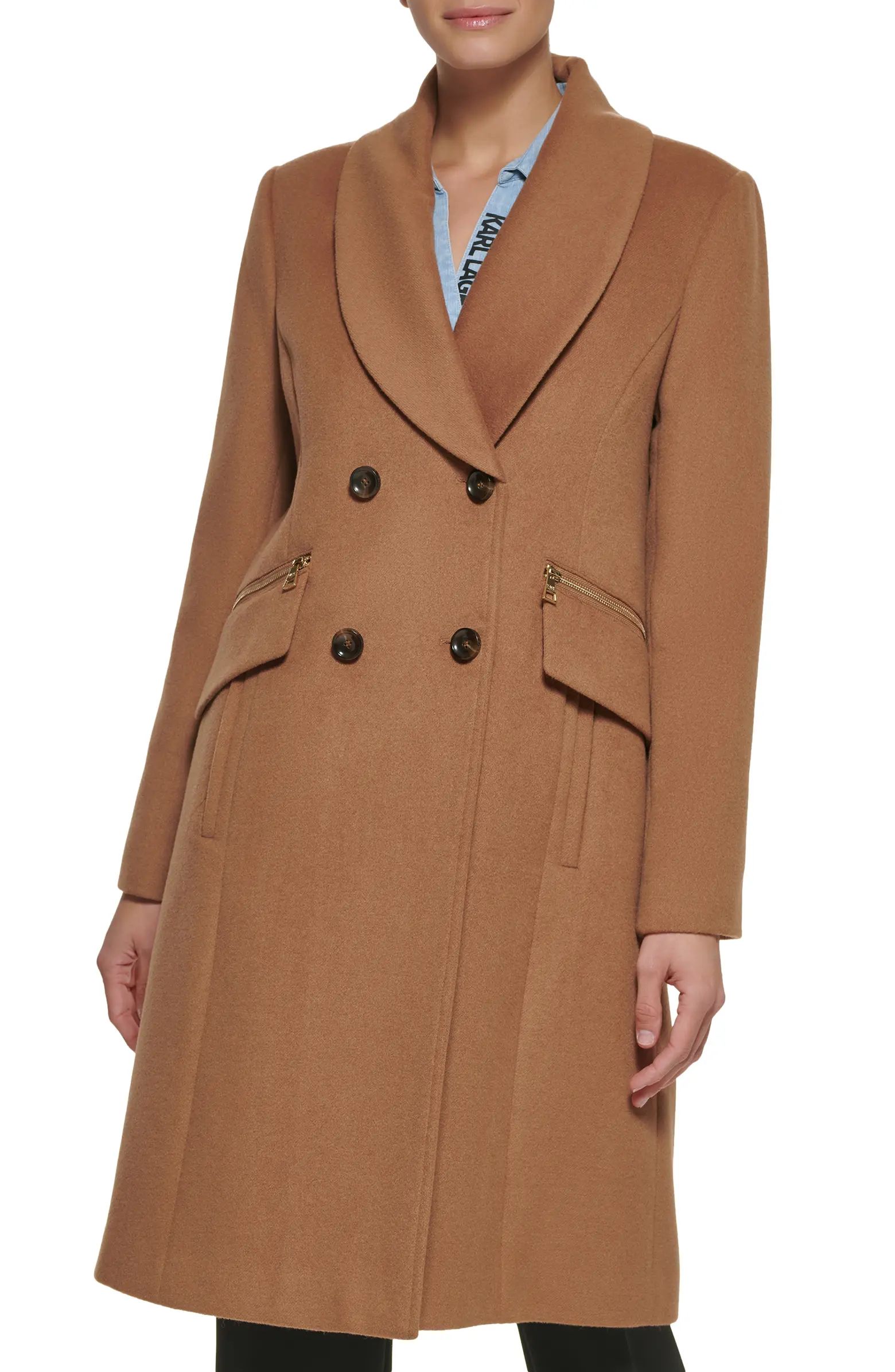 Karl Lagerfeld Paris Shawl Collar Double Breasted Wool Blend Coat | Nordstrom | Nordstrom