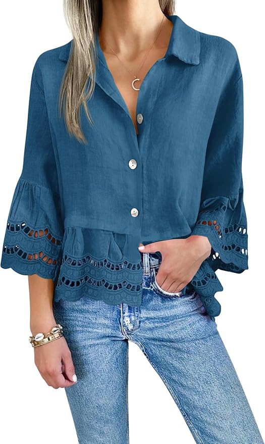 Cicy Bell Womens 3/4 Bell Sleeve Button Down Shirts Casual Ruffle Hem Tops Eyelet Blouse | Amazon (US)