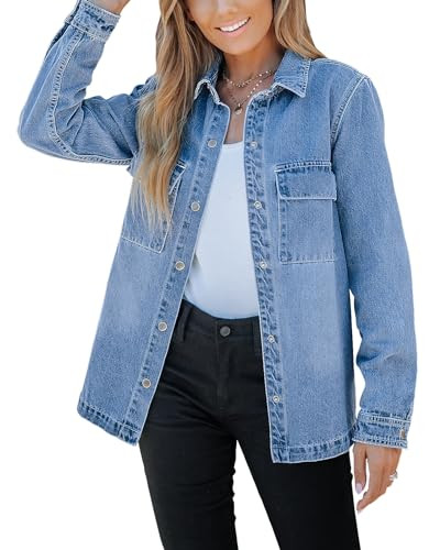 Vetinee Womens Light Jacket Ladies Denim Shirt Blue Jean Jackets Denim Button Up Shirt Jean Button Up Shirt for Women Denim Shacket Women Lightweight Medium Blue Small Fits Size 4 / Size 6 | Amazon (US)