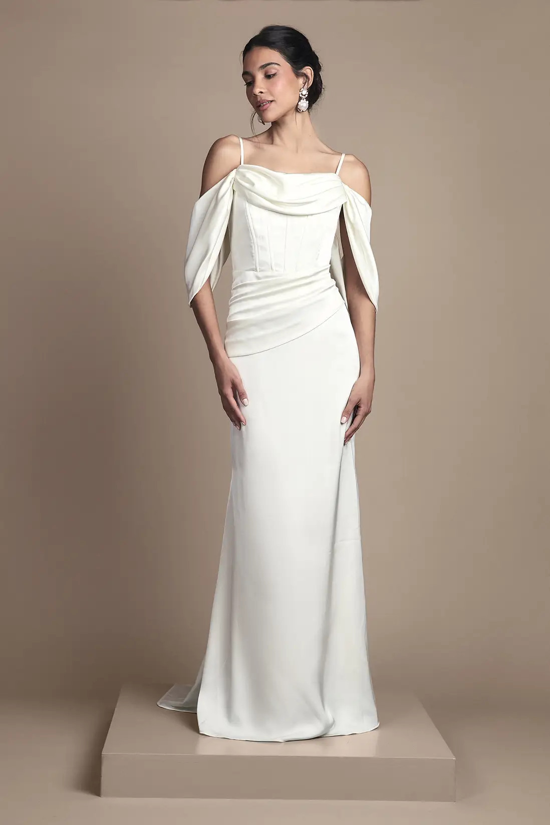 Oyster Coast Cowl Neck Corset Drape Satin Maxi Wedding Dress | Boohoo USA | boohoo (US & Canada)