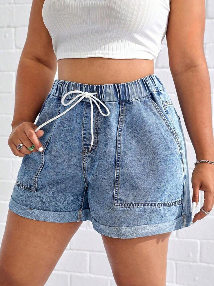 SHEIN EZwear Plus Drawstring Waist Roll Up Hem Denim Shorts | SHEIN