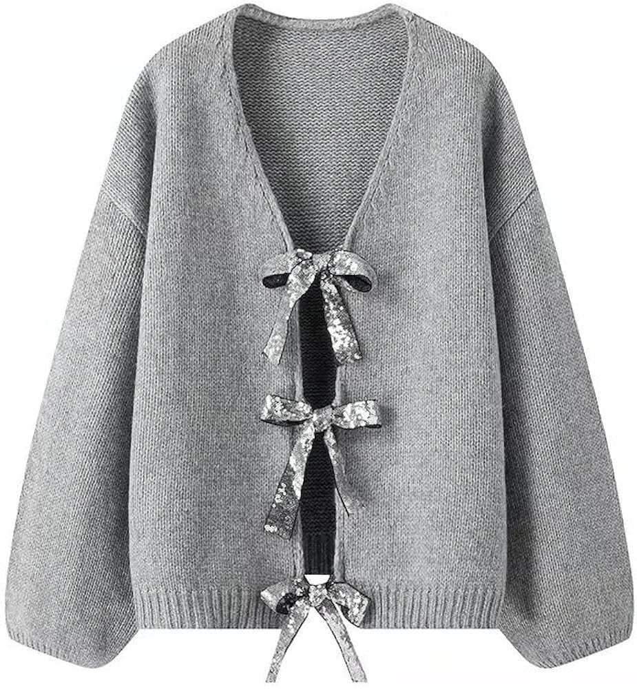 Sequin Sweater with Bows for Women Christmas Y2K Bow Cardigan Sweater V Neck Sexy Loose Knit Pull... | Amazon (US)