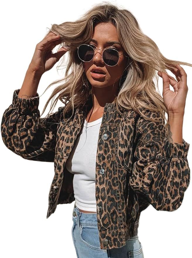 Justalwart Denim Jacket for Women Leopard Print Retro Shape Button-up Front Bomber Jacket | Amazon (US)