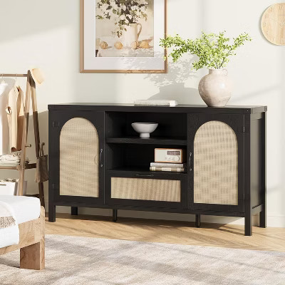 59.1" Rattan Buffet Cabinet with Storage, Boho Farmhouse Sideboard with Adjustable Shelves, Drawer, Doors, Kitchen Coffee Bar Cabinet, Black | Target