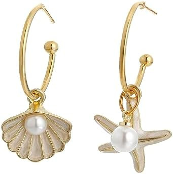 Shell Hoop Earrings, Asymmetric Shell and Starfish Earrings Seashore Hoop Earrings Beach Jewelry | Amazon (US)