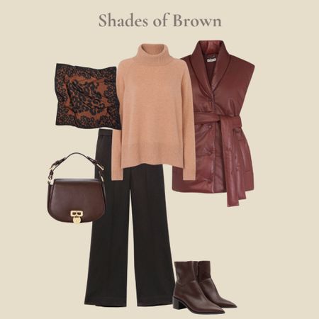 Autumn outfit inspiration - brown leather gilet, camel cashmere sweater, chocolate brown boots, bag and trousers, animal print wool scarf

#LTKover40 #LTKSeasonal #LTKeurope