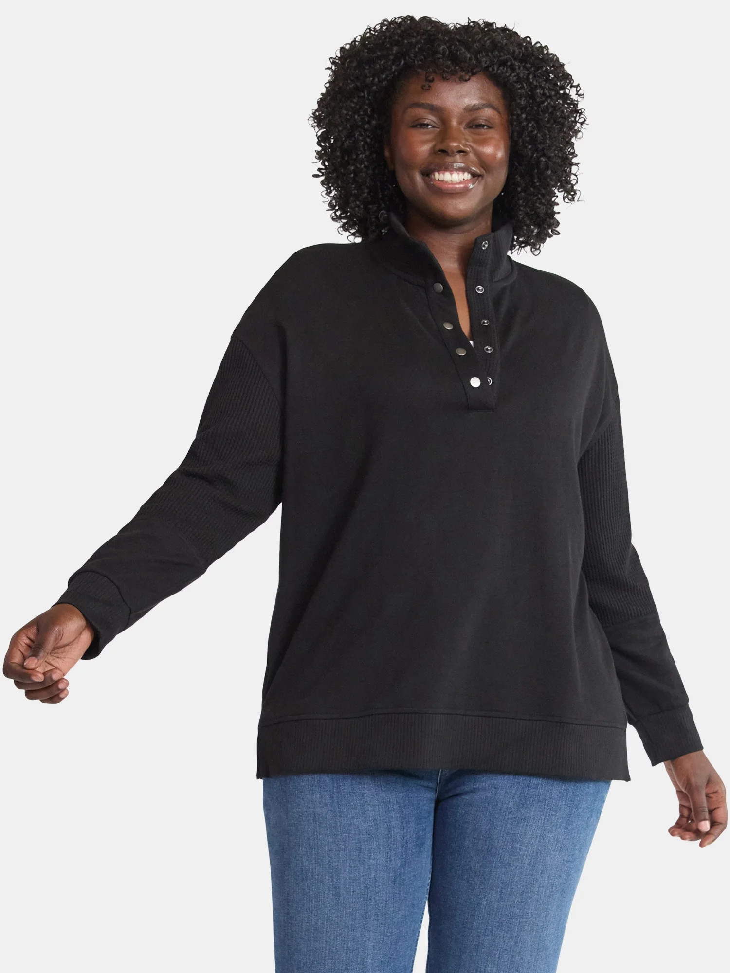 Terra & Sky Women’s Plus Mixed Media Snap Front, Sizes 0X-5X | Walmart (US)