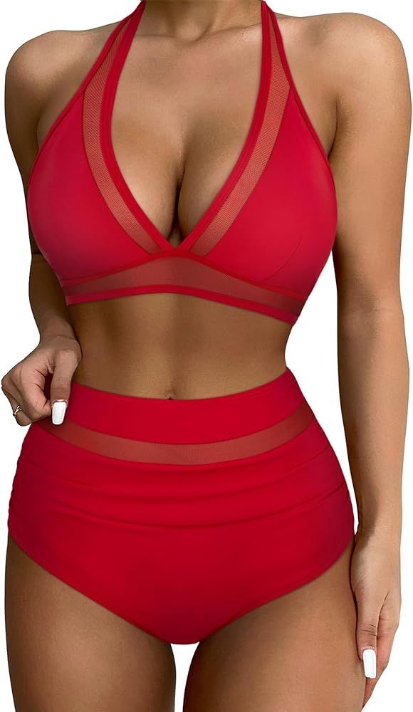 SUUKSESS Women Sexy High Waist Bikini Sets Mesh Tummy Control 2 Piece Swimsuits | Amazon (US)