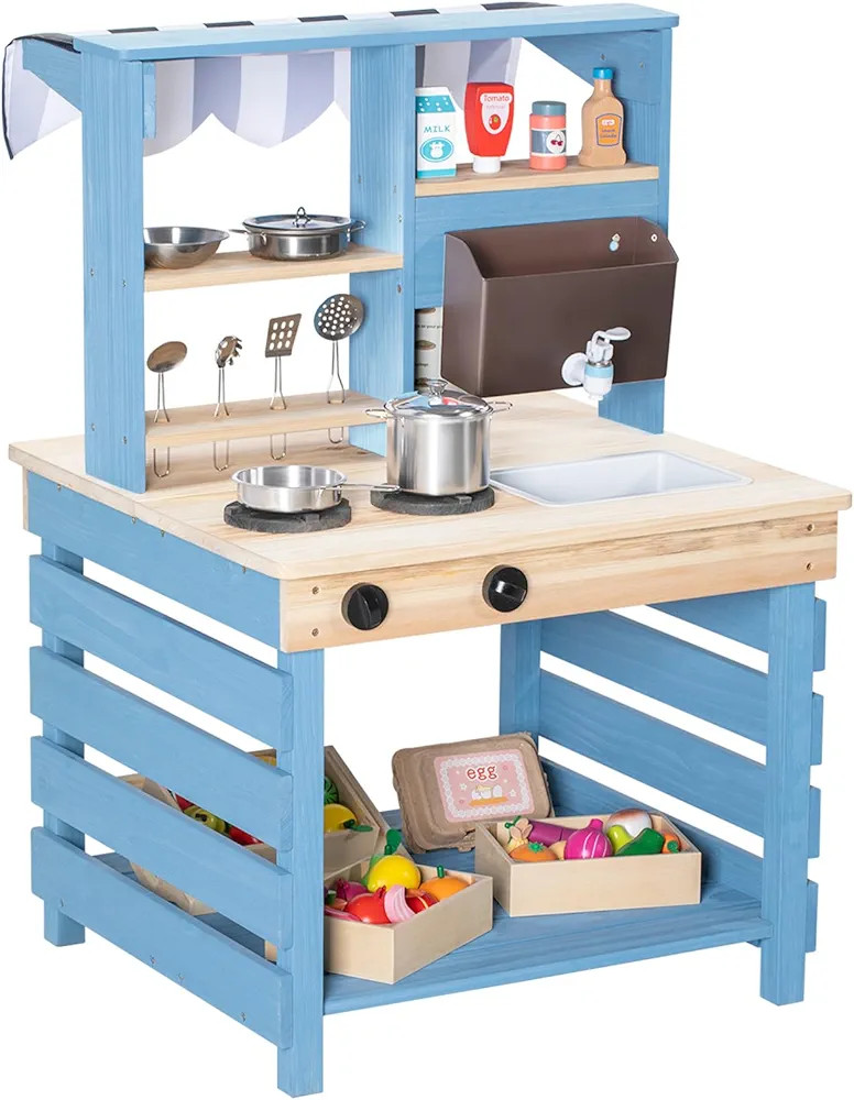 Mud Kitchen, Wooden Outdoor Kitchen Playset w/Menu, Sink, Stove, Water Box, Two Sided Pretend Pla... | Amazon (US)