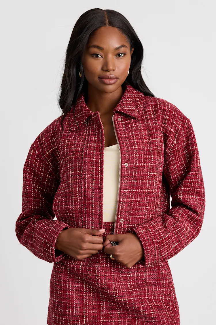Shaelyn Berry Red Tweed Cropped Bomber Jacket | Lulus