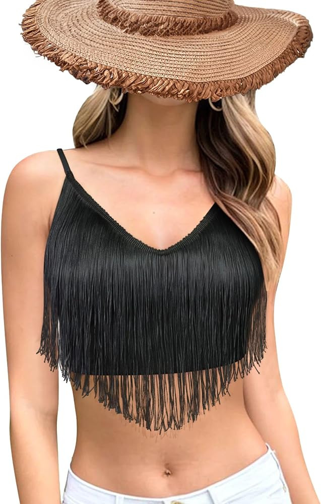 Fringe Cami Top for Women - Solid Crop Tassel Tank Concert Outfits Festival Clothes Rave V-Neck S... | Amazon (US)
