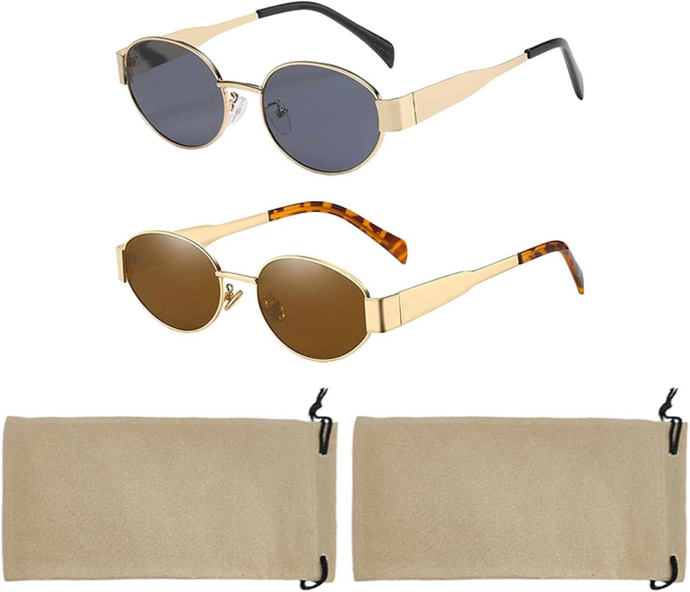 2 Pieces Of Oval Retro Sunglasses, 2 Pieces Of Glasses Bags, Classic Versatile Sunglasses, Fashio... | Amazon (UK)