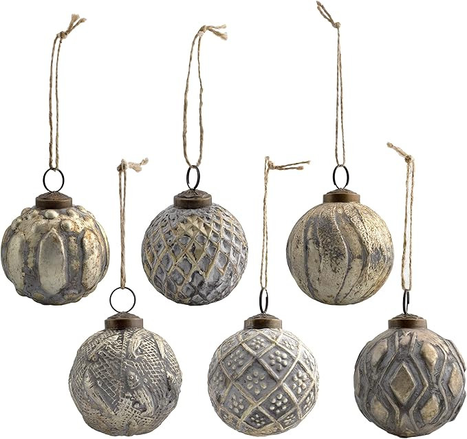AuldHome Farmhouse Ball Ornaments (Set of 6, Gold); Distressed Metal Glass Ball Vintage Style Chr... | Amazon (US)