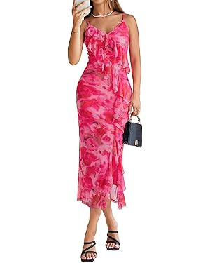 Simplee Women Floral Ruffle Bodycon Maxi Dress 2026 Summer Spaghetti Strap V Neck Mesh Slit Weddi... | Amazon (US)