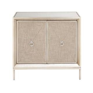 Beige Wood Upholstered Front Panel 1 Shelf and 2 Doors Cabinet with Mirrored Top and Ring Handles | The Home Depot