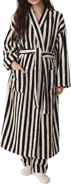 Fenclushy Womens Striped Long Robe Plush Warm Fluffy Bathrobes(Coffee,XS) | Amazon (US)