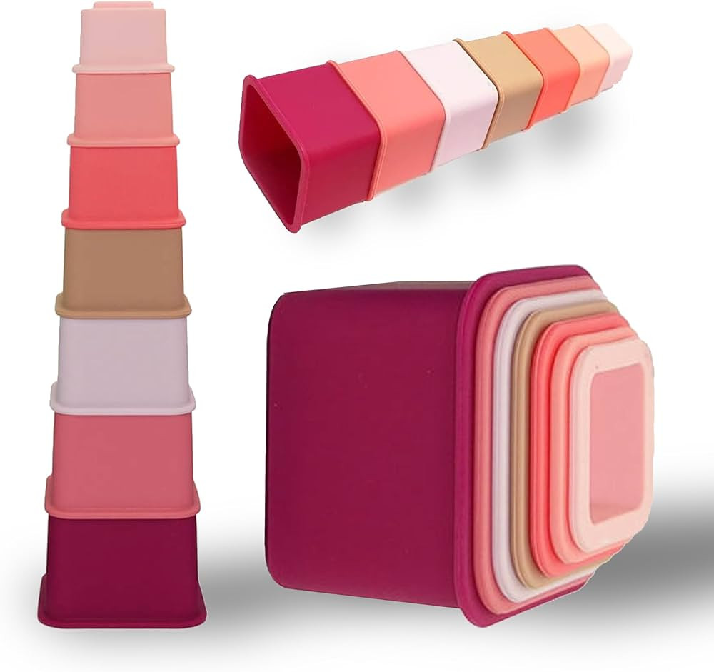 Baby Stacking Cups Set of 7 - Square Silicon Nesting Cups - Baby Montessori Toys Motor Skills Sta... | Amazon (US)