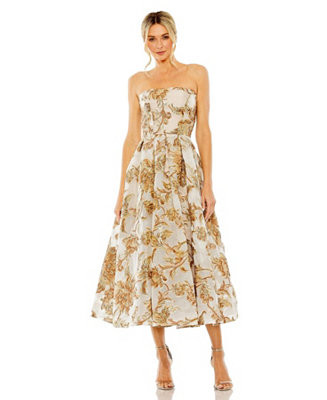 Women's Strapless Brocade Midi Dress With Pockets | Macy's